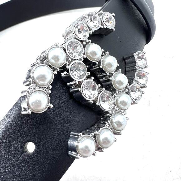 Authentic CHANEL Calfskin Crystal & Pearl CC Belt Womens Size 80 / 32 - Picture 4 of 8